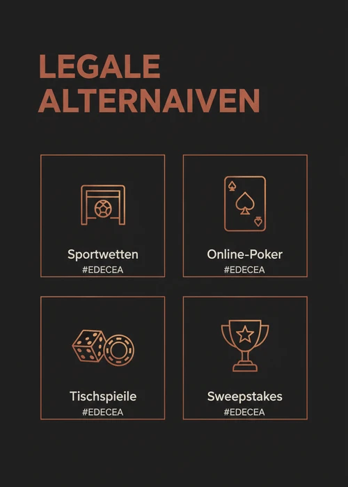 Übersichtskarte mit verschiedenen Glücksspieloptionen und Lizenzen, die Alternativen zur 5-Sekunden-Regel in Deutschland darstellen.